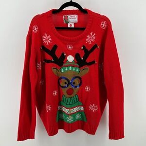 Merry Christmas Red Knit Reindeer Ugly Sweater L/XL Sequin Jingle Bells Festive